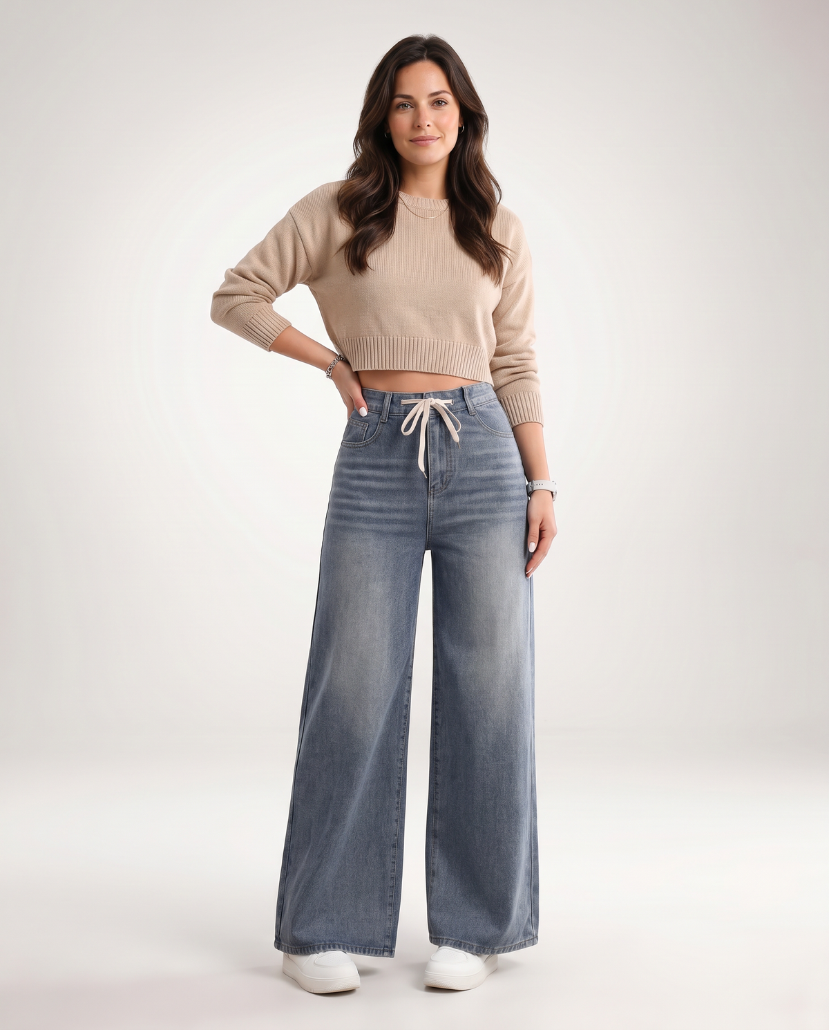 Drawstring wide leg jeans for women