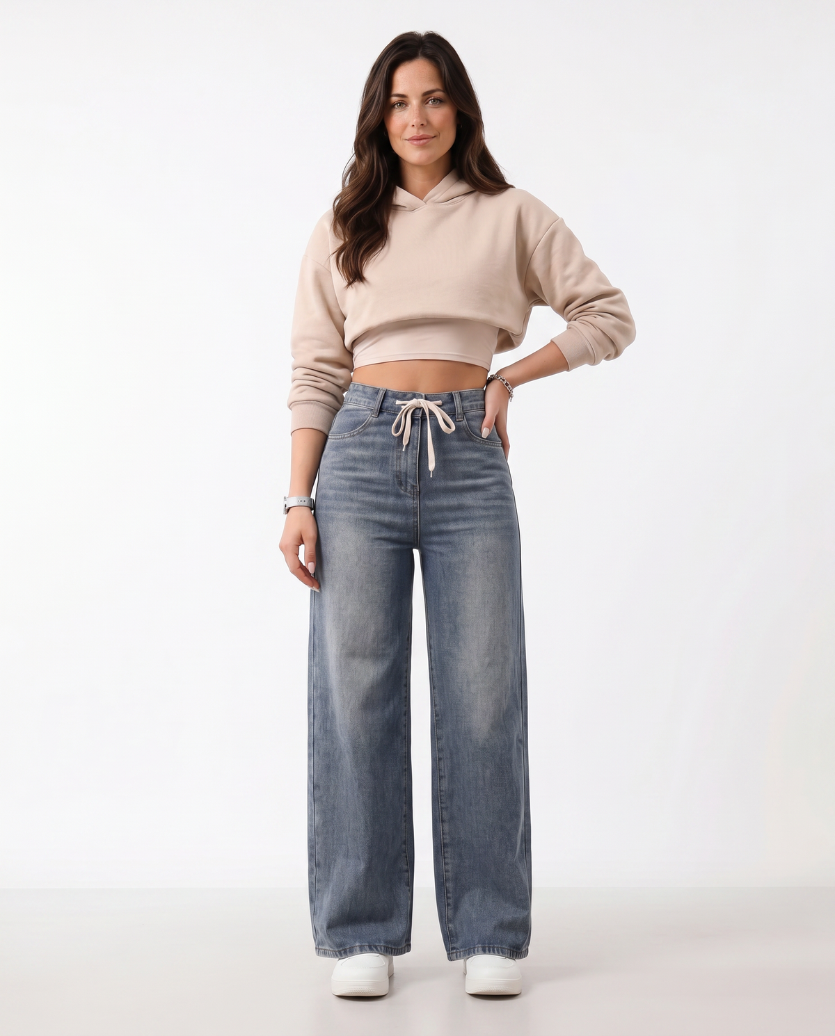 Drawstring wide leg jeans for women