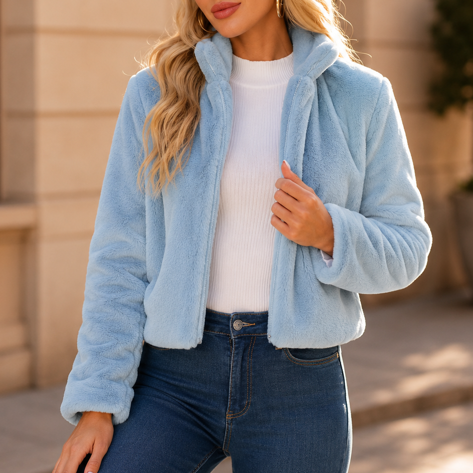 Wide collar cropped faux fur jacket for women