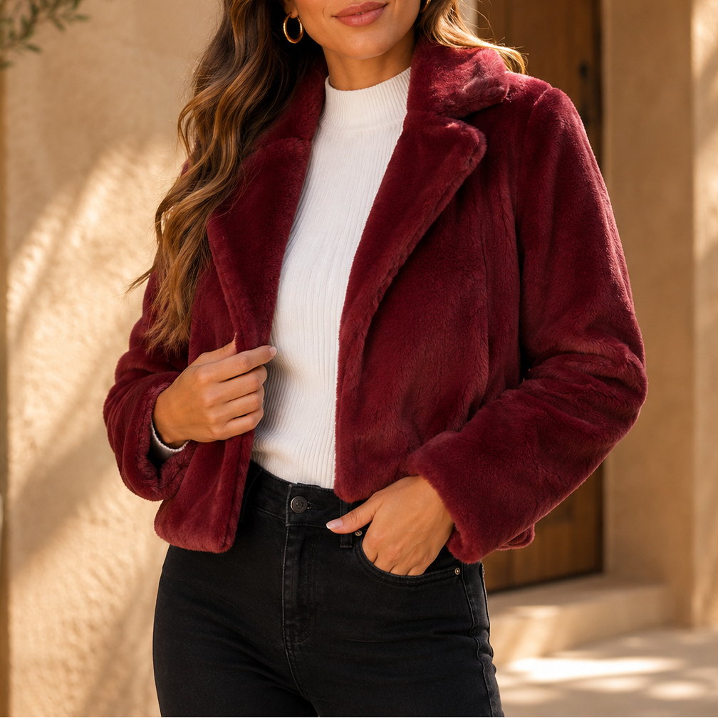Wide collar cropped faux fur jacket for women