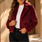Wide collar cropped faux fur jacket for women