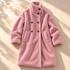 Double-breasted midi teddy coat for women