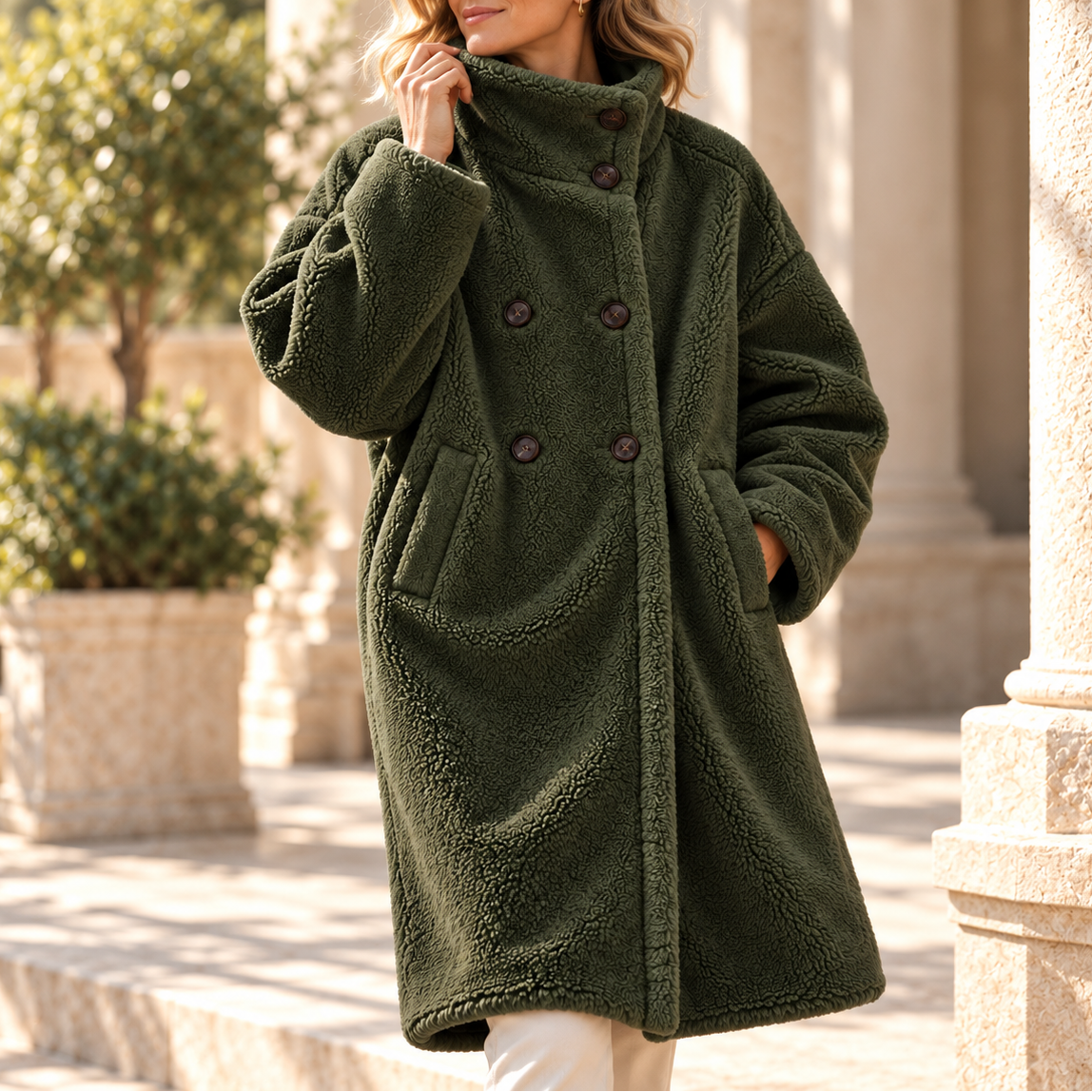 Double-breasted midi teddy coat for women