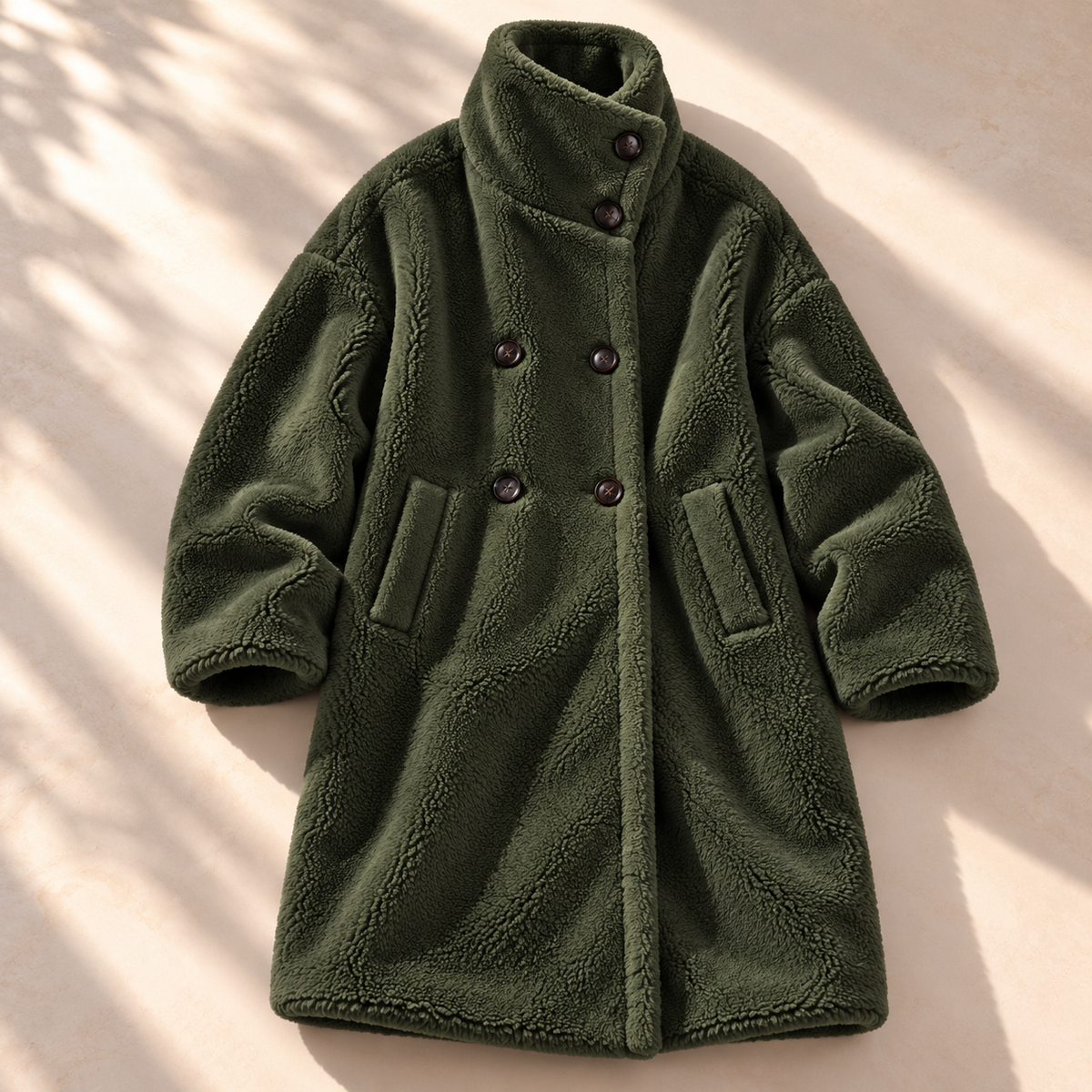 Double-breasted midi teddy coat for women