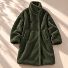 Double-breasted midi teddy coat for women