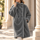 Double-breasted midi teddy coat for women