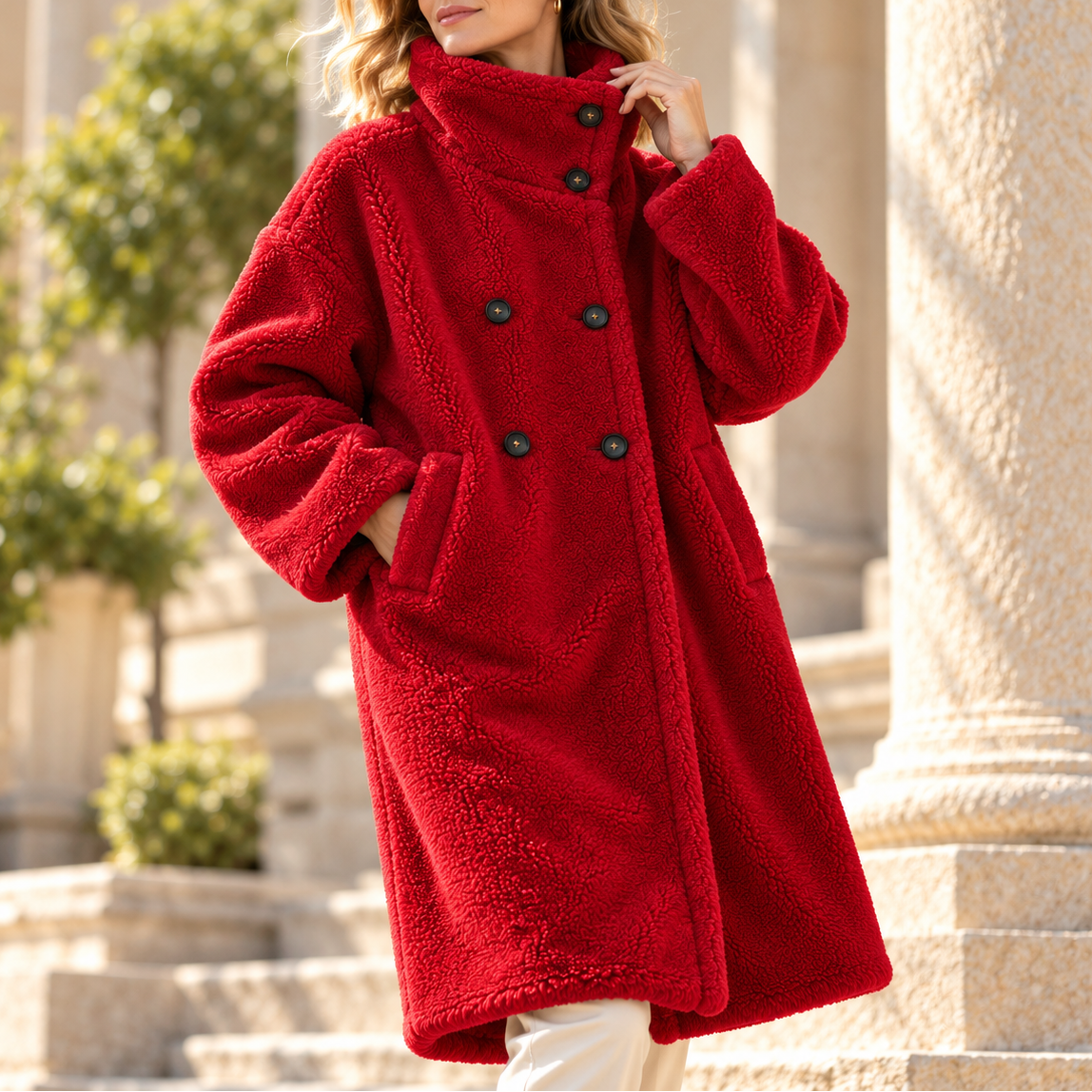 Double-breasted midi teddy coat for women