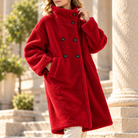 Double-breasted midi teddy coat for women