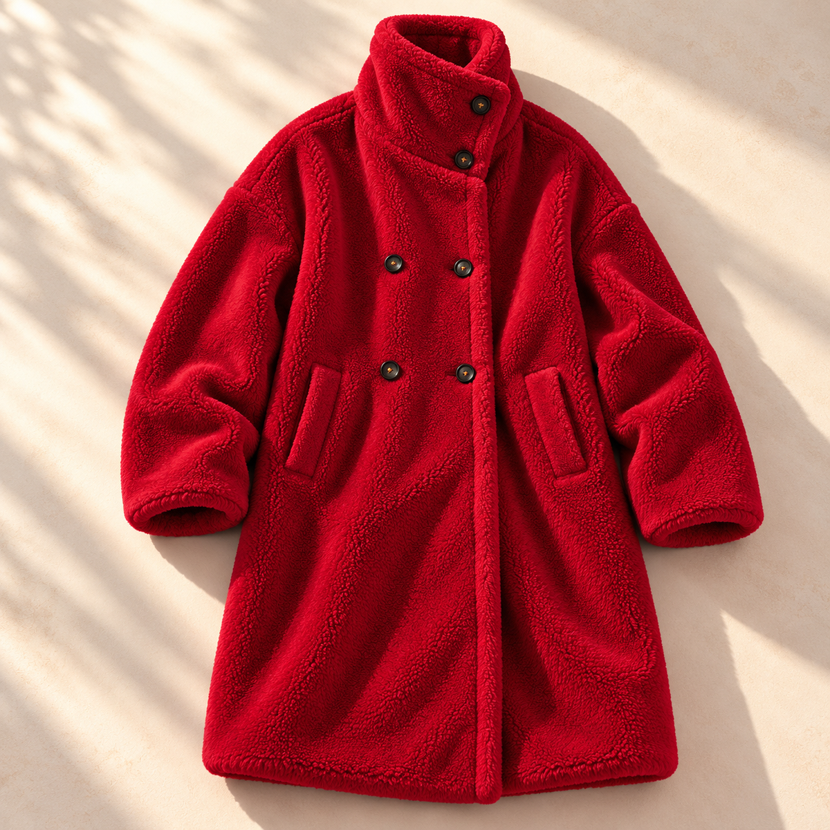 Double-breasted midi teddy coat for women