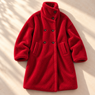 Double-breasted midi teddy coat for women