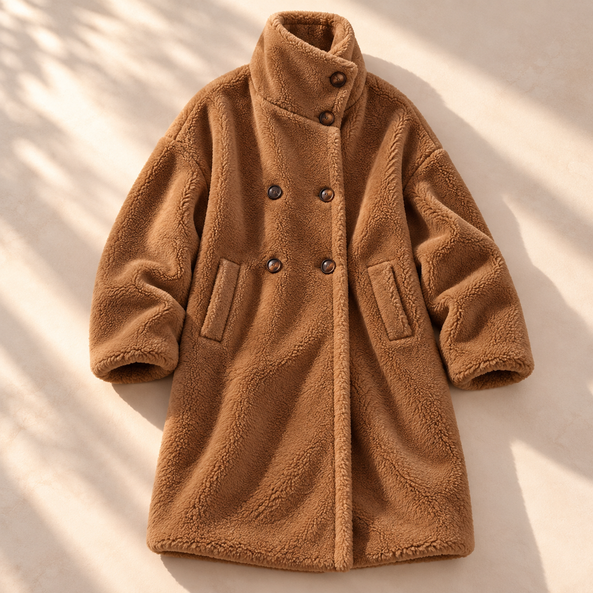 Double-breasted midi teddy coat for women