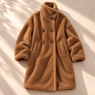 Double-breasted midi teddy coat for women