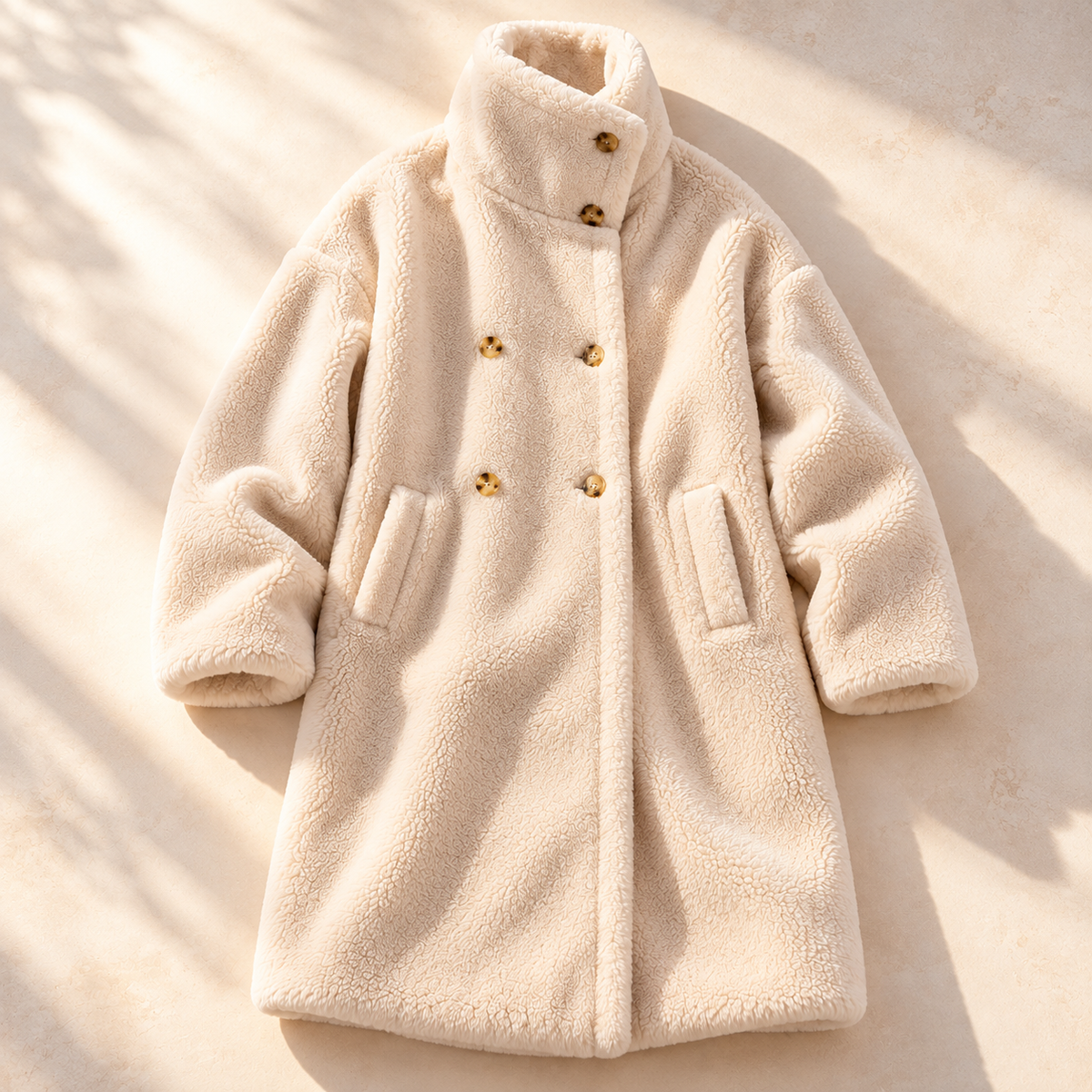 Double-breasted midi teddy coat for women