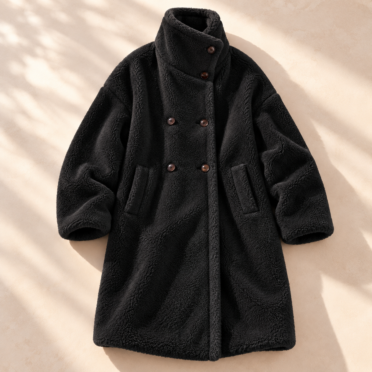 Double-breasted midi teddy coat for women