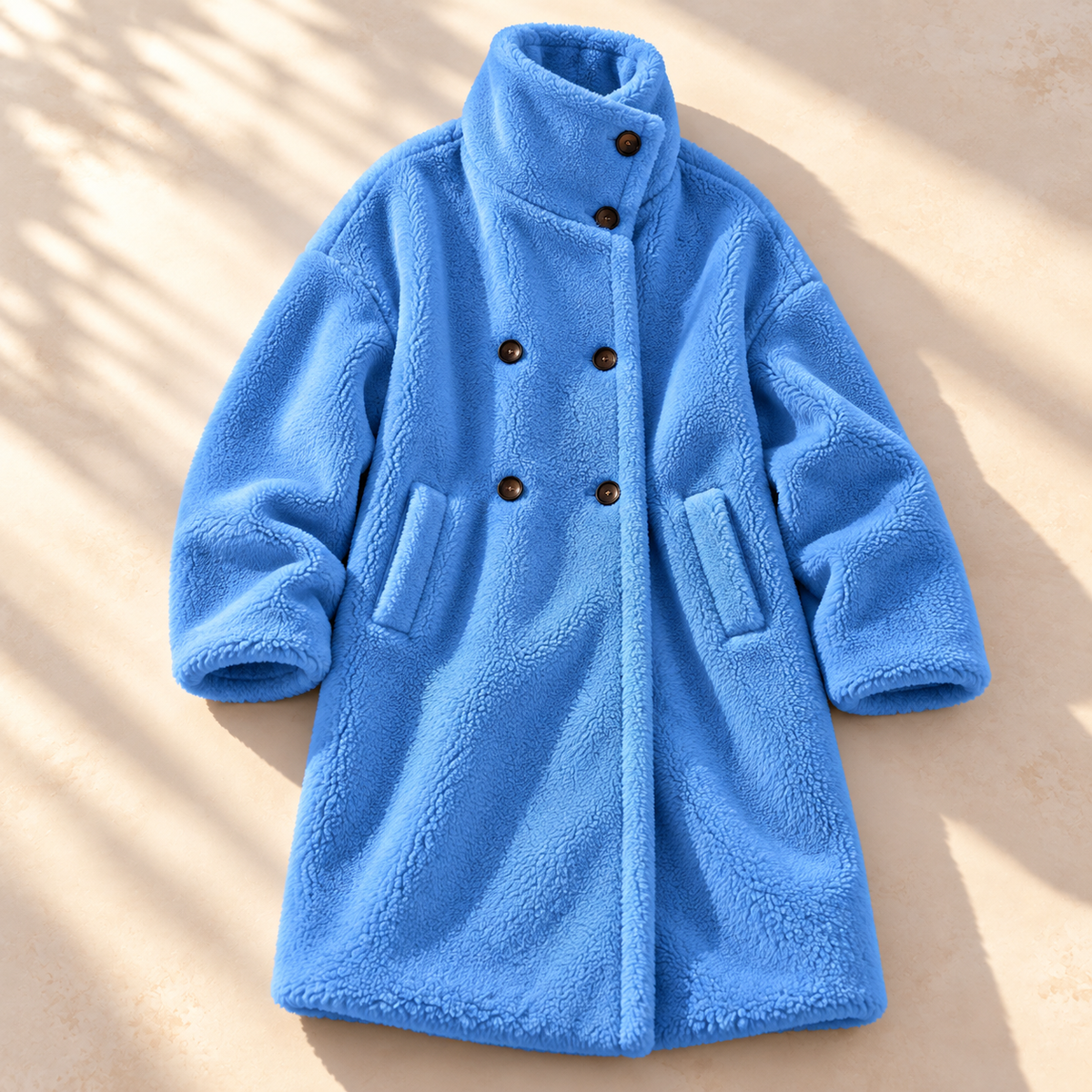 Double-breasted midi teddy coat for women