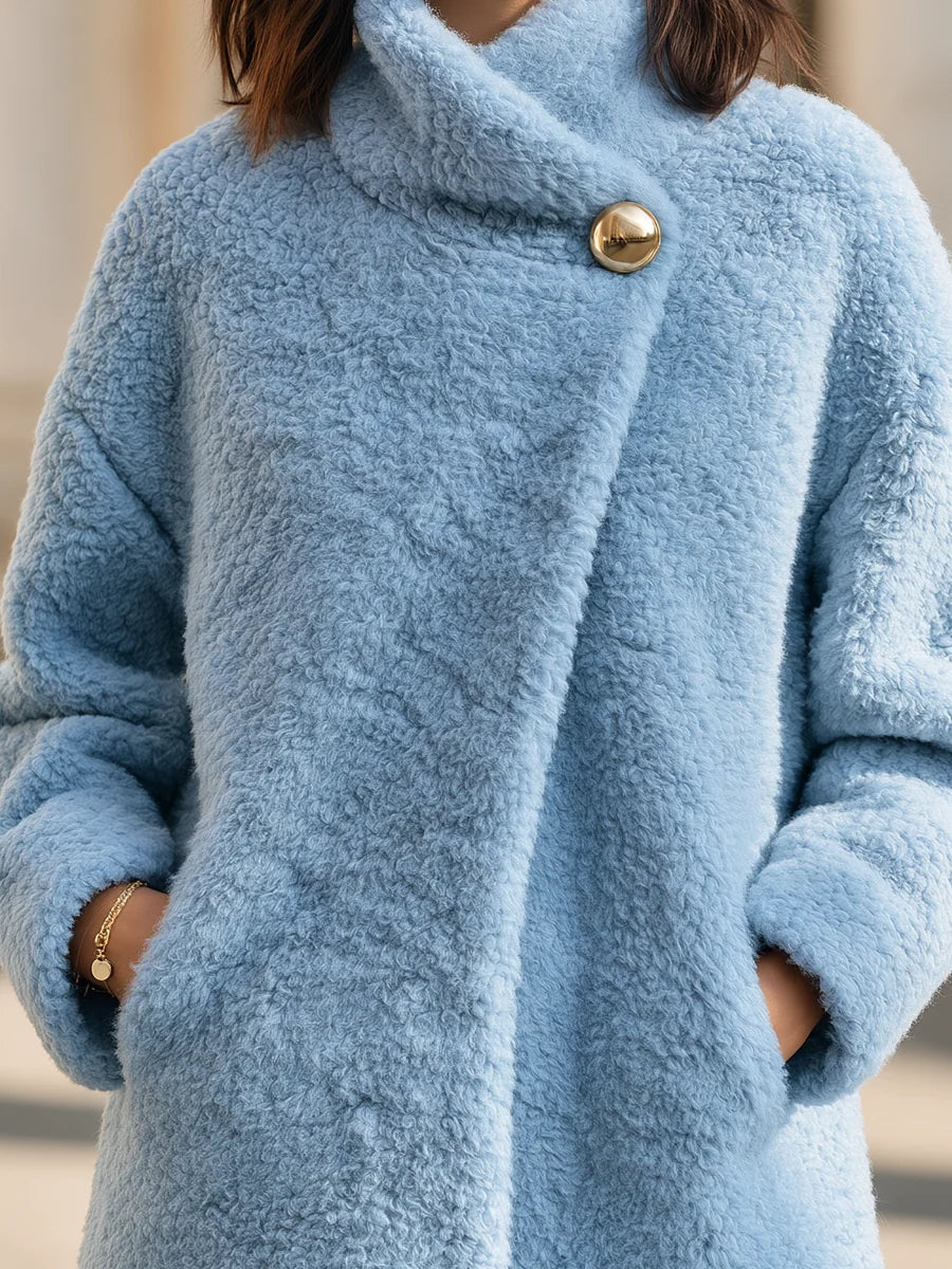 Gold button wrap teddy coat for women