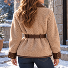 Belted contrast trim sherpa jacket for women