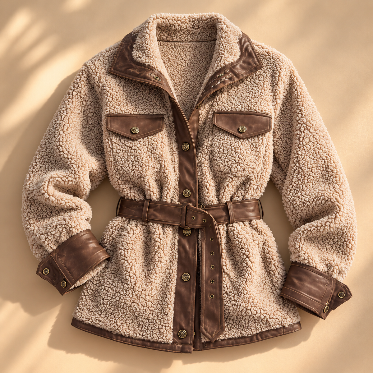 Belted contrast trim sherpa jacket for women