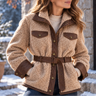 Belted contrast trim sherpa jacket for women