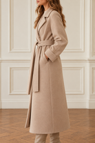 Wide lapel longline belted coat for women