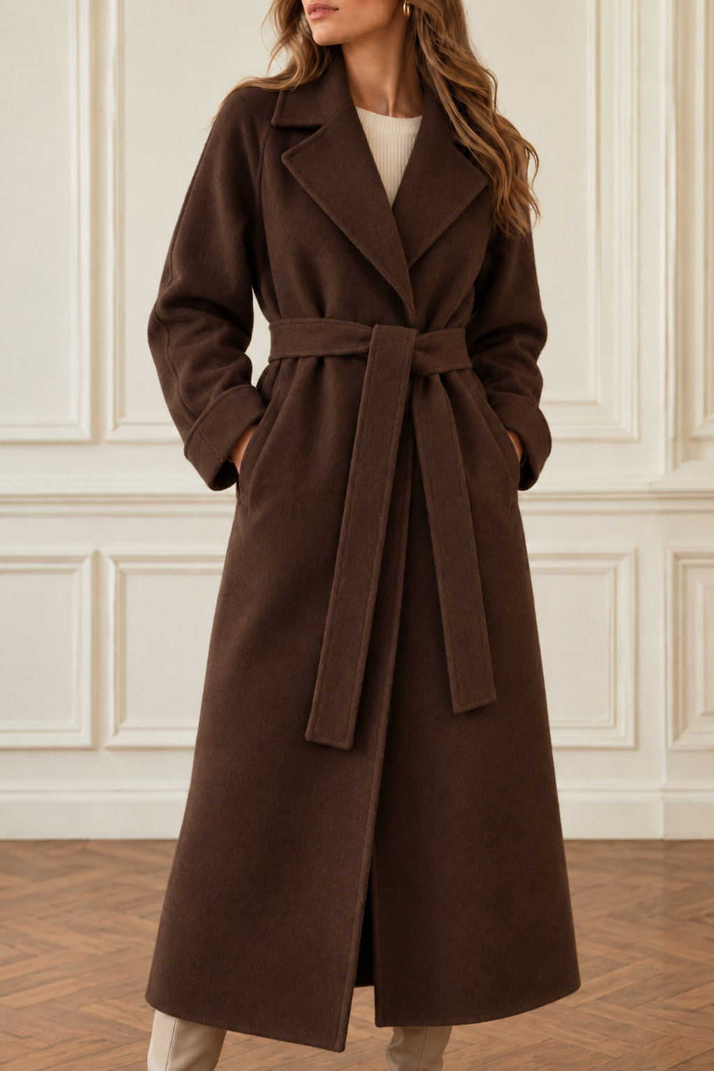 Wide lapel longline belted coat for women