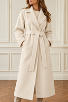 Wide lapel longline belted coat for women