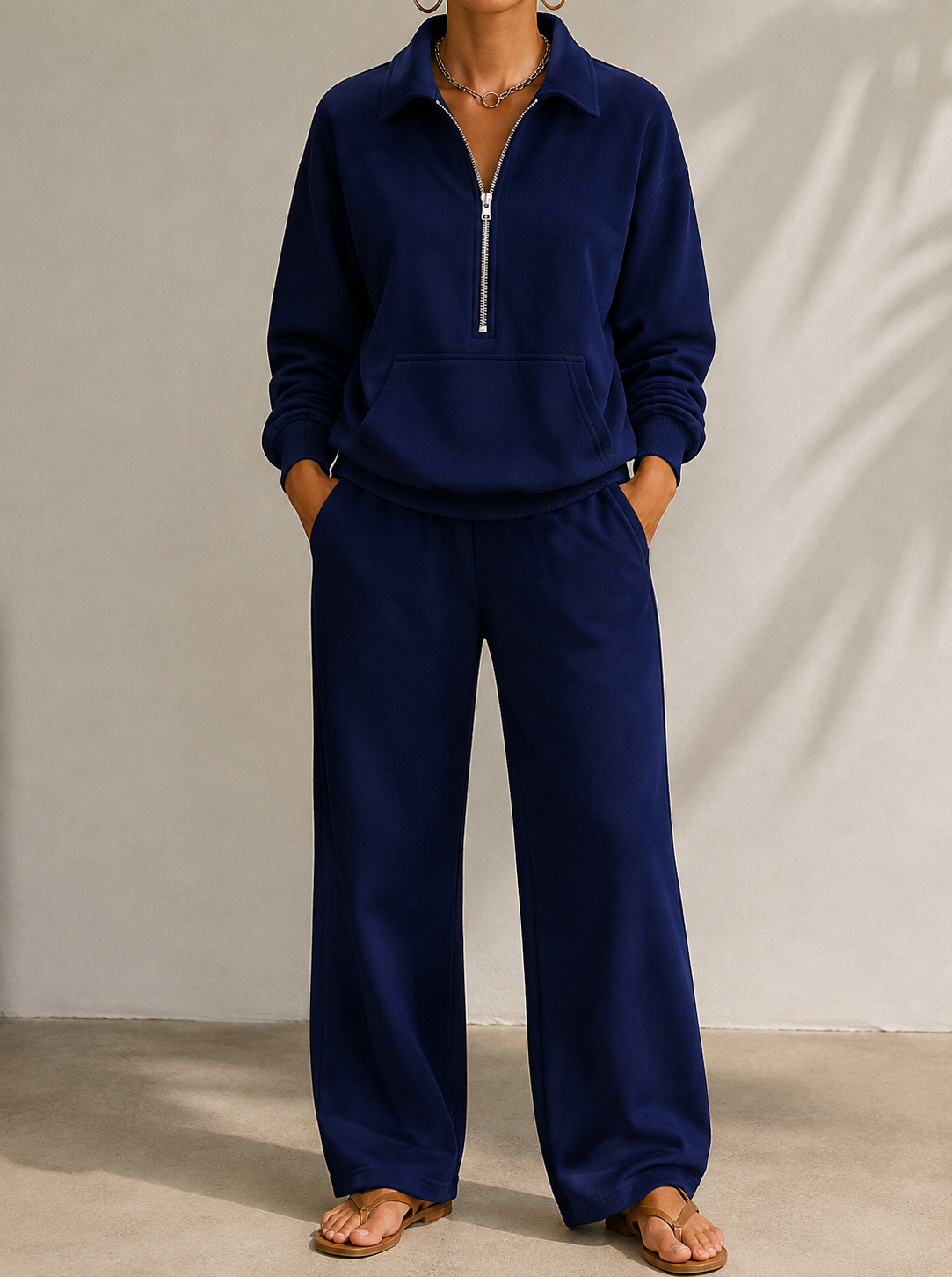 Half-zip kangaroo-pocket lounge set in blue for women
