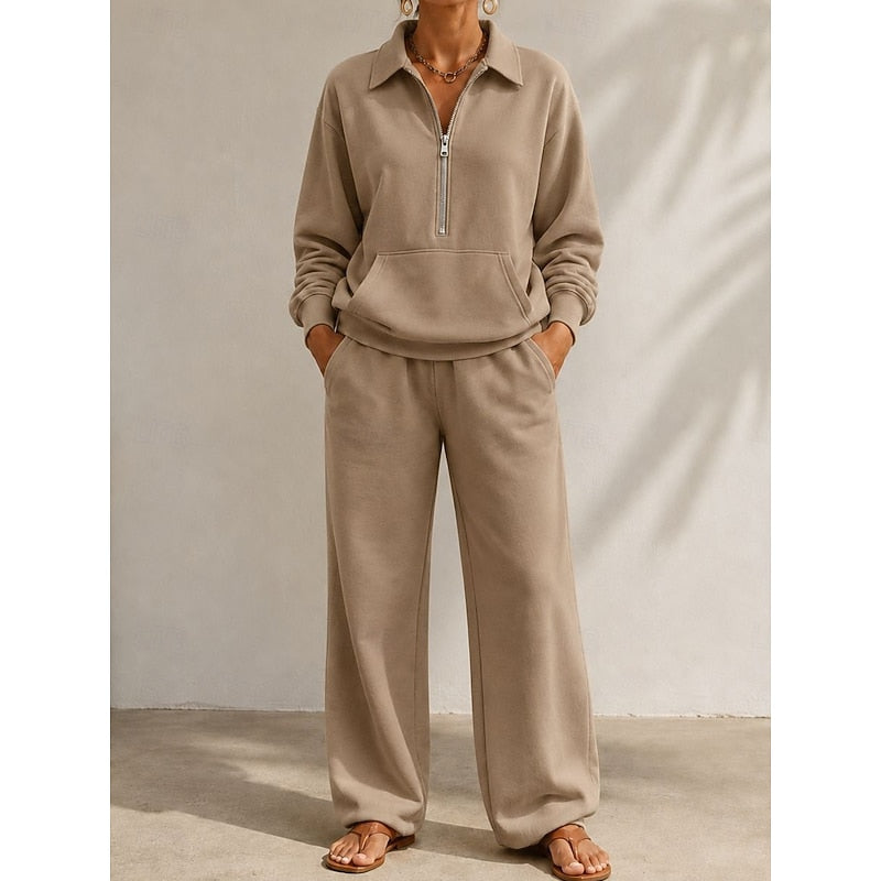 Half-zip kangaroo-pocket lounge set in beige for women