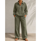 Half-zip kangaroo-pocket lounge set in green for women