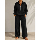 Half-zip kangaroo-pocket lounge set in black for women