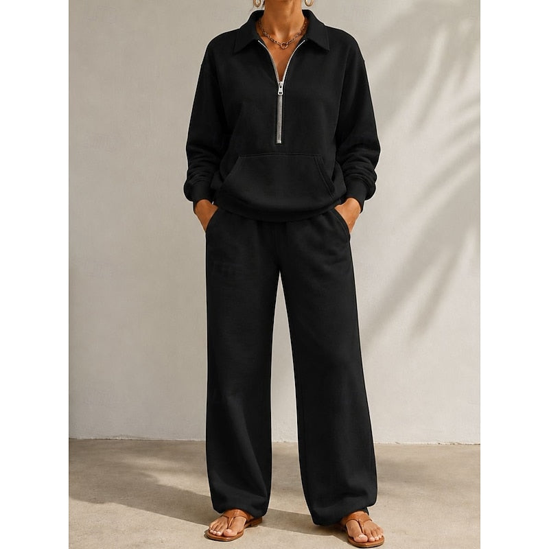 Half-zip kangaroo-pocket lounge set in black for women