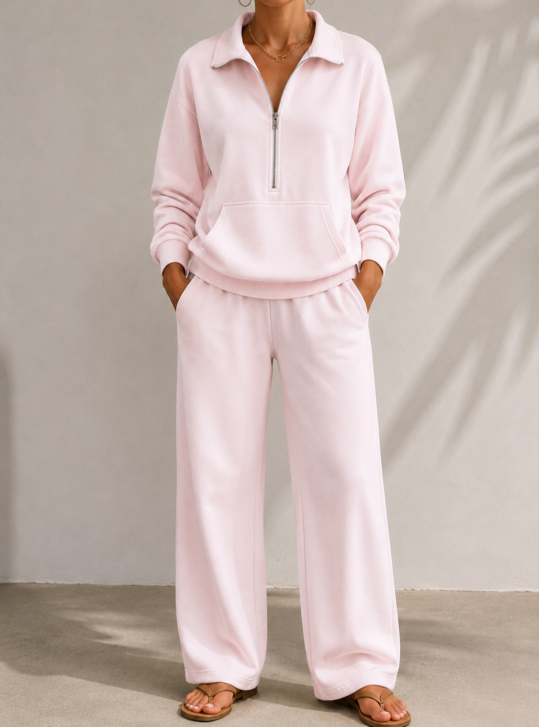 Half-zip kangaroo-pocket lounge set in pink for women
