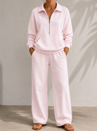Half-zip kangaroo-pocket lounge set in pink for women