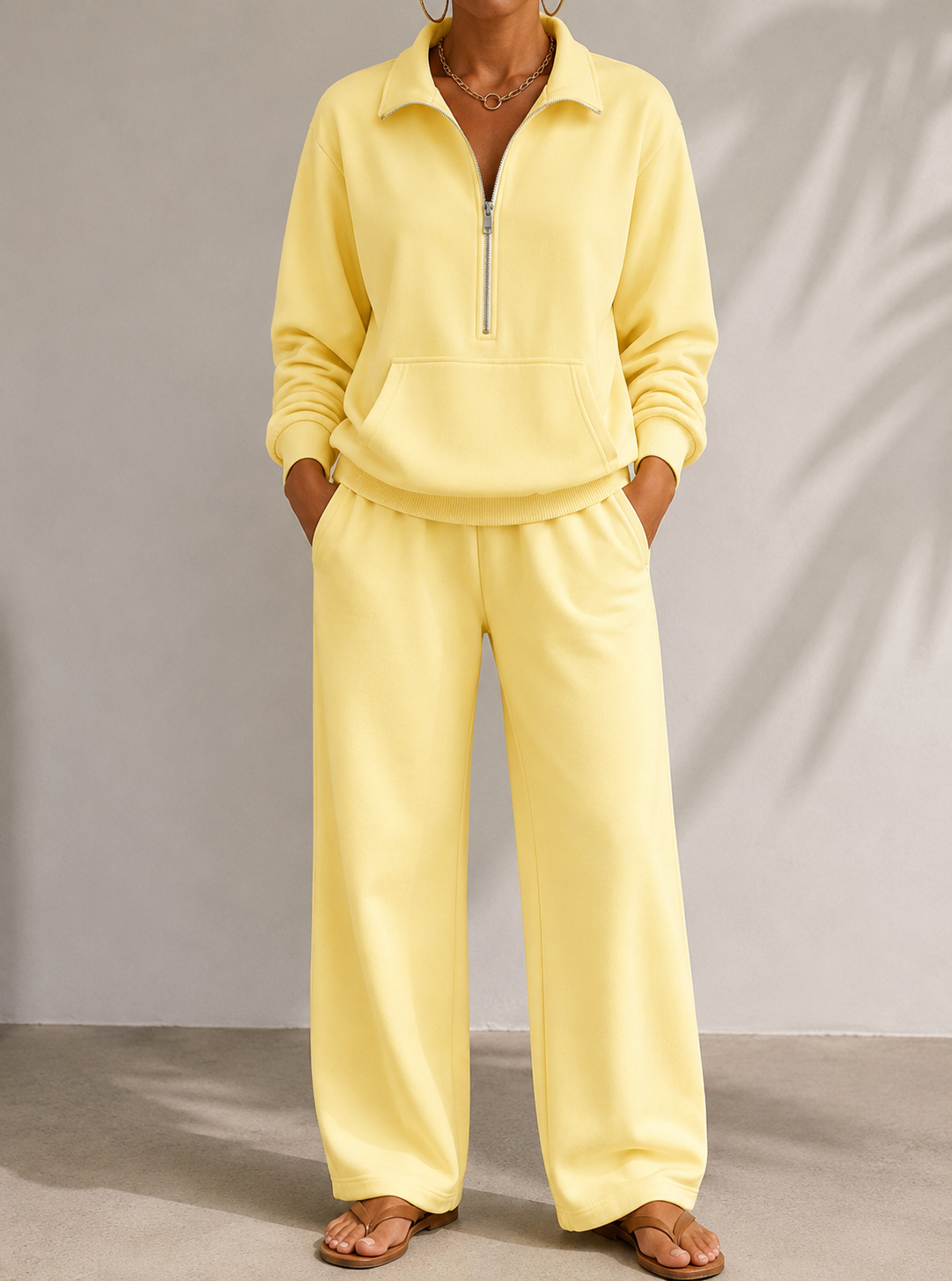 Half-zip kangaroo-pocket lounge set in yellow for women