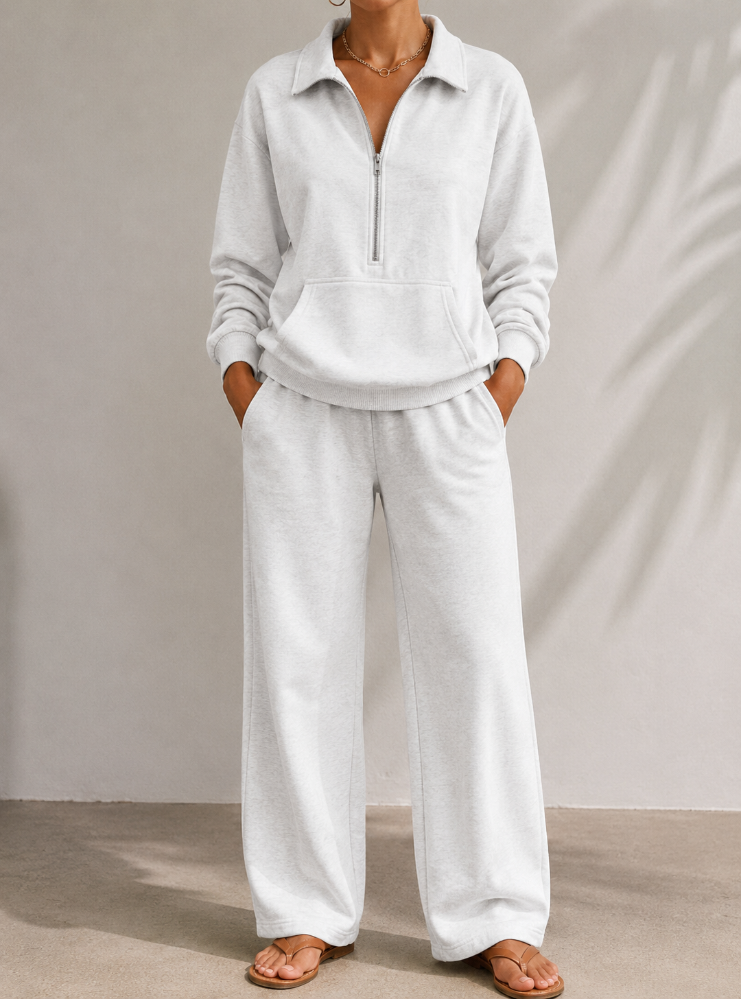 Half-zip kangaroo-pocket lounge set in light grey for women