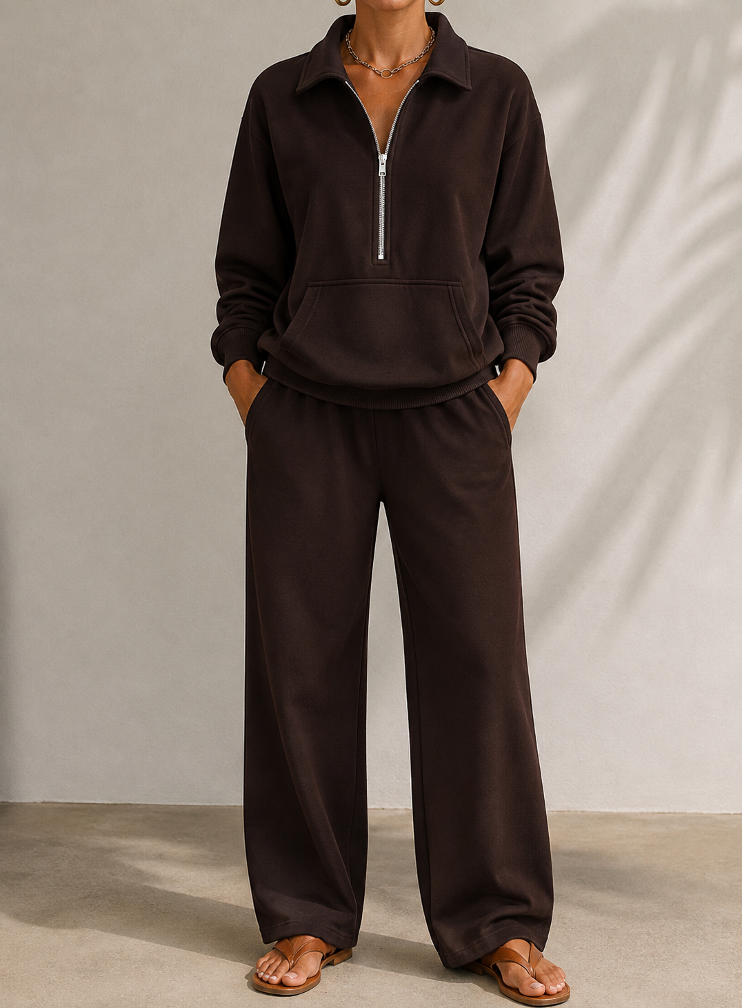 Half-zip kangaroo-pocket lounge set in brown for women