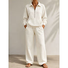 Half-zip kangaroo-pocket lounge set in white for women