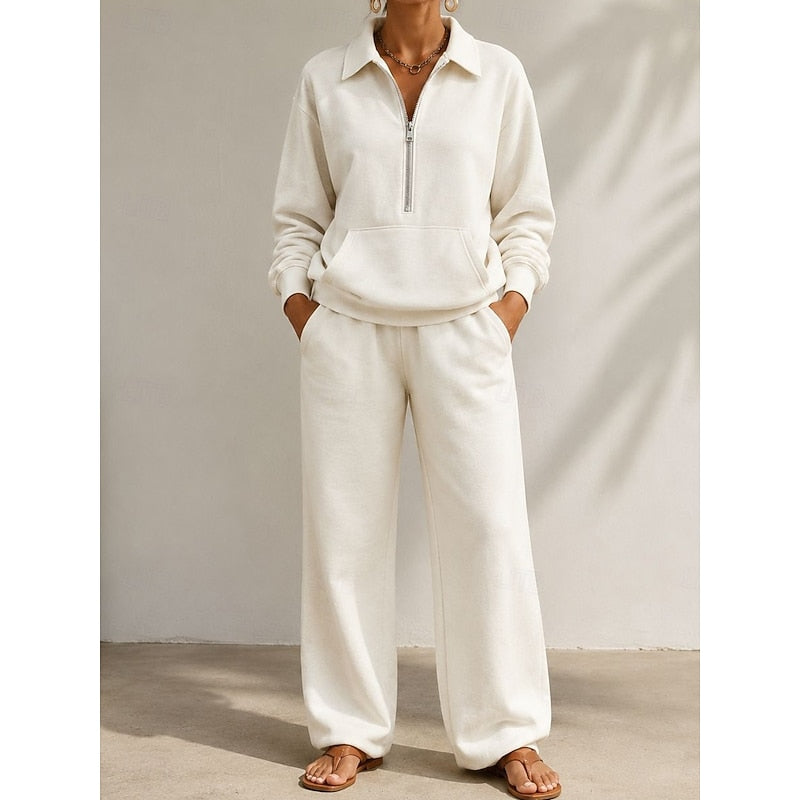 Half-zip kangaroo-pocket lounge set in white for women