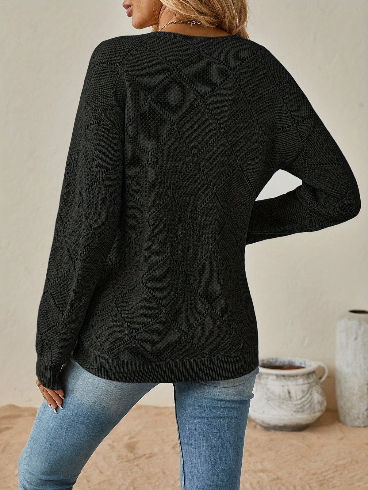 Diamond pointelle V-neck knit sweater for women