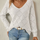 Diamond pointelle V-neck knit sweater for women
