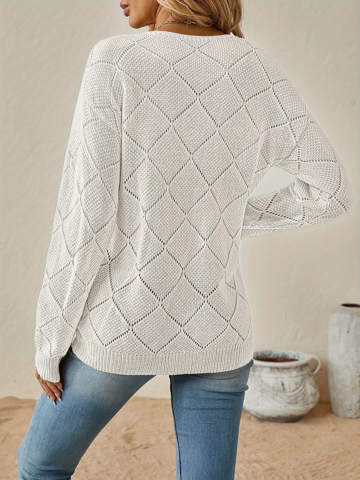Diamond pointelle V-neck knit sweater for women