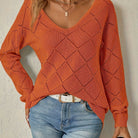 Diamond pointelle V-neck knit sweater for women