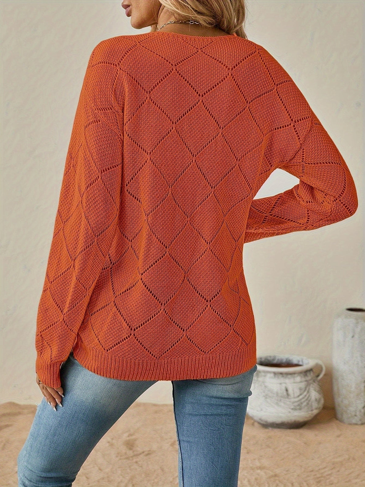 Diamond pointelle V-neck knit sweater for women