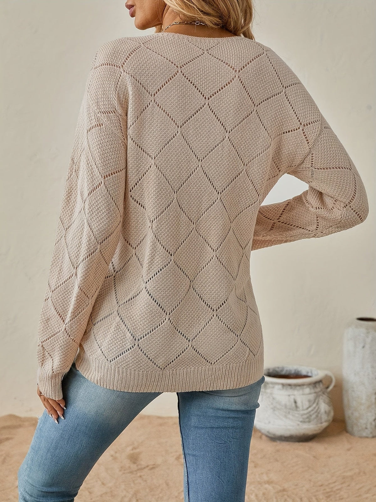 Diamond pointelle V-neck knit sweater for women