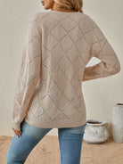 Diamond pointelle V-neck knit sweater for women