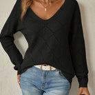 Diamond pointelle V-neck knit sweater for women