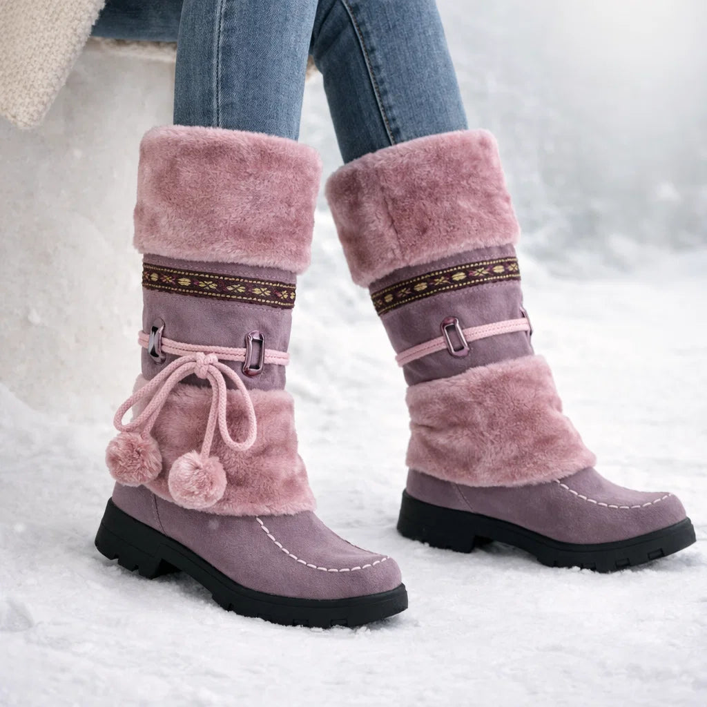 Plush mid-calf snow boots with faux-fur cuff and pom-poms for women