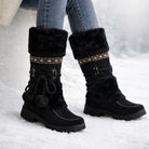 Plush mid-calf snow boots with faux-fur cuff and pom-poms for women