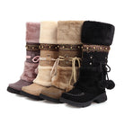 Plush mid-calf snow boots with faux-fur cuff and pom-poms for women