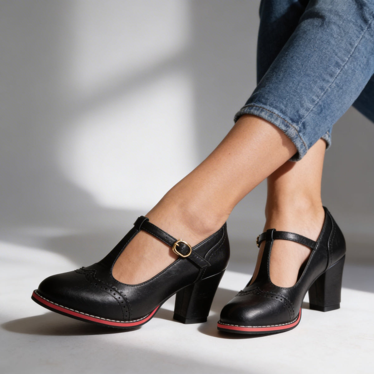 Brogue T-bar block heel shoes for women